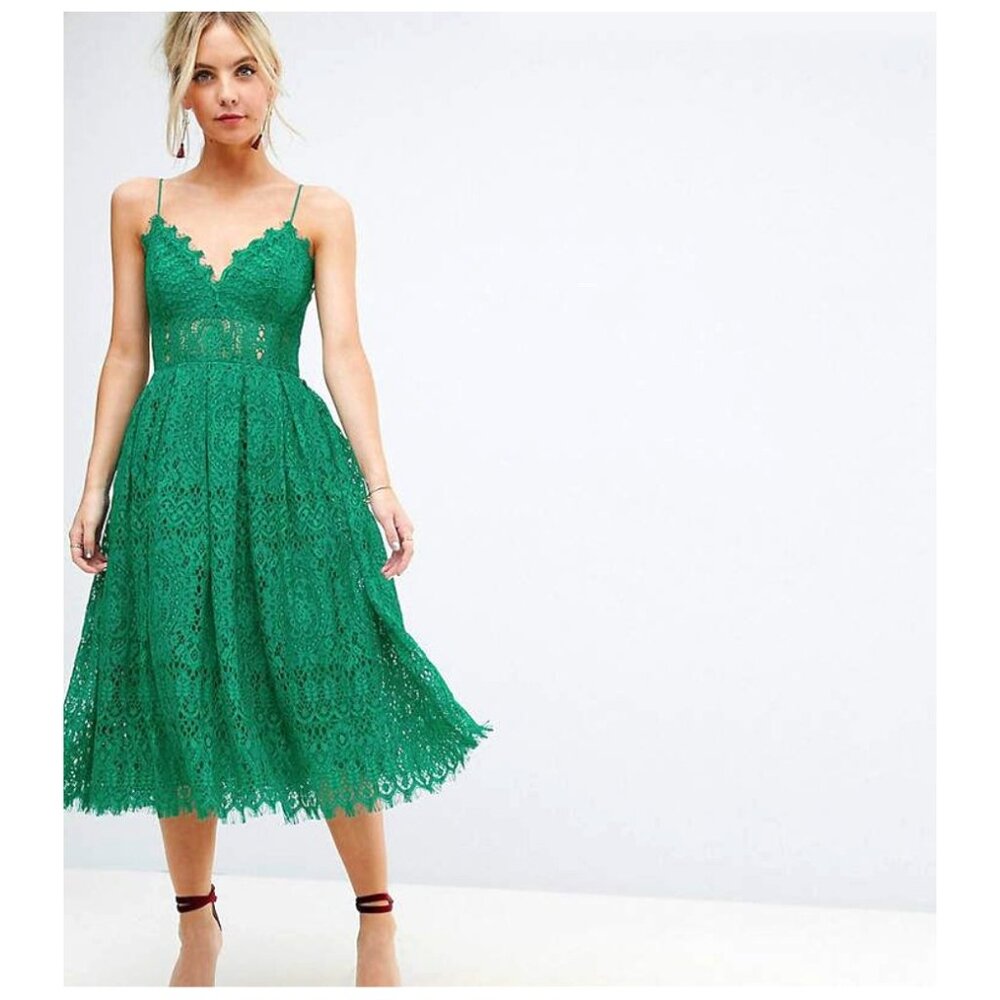 Asos Emerald Green Lace Midi Dress Sz 8 Spaghetti Strap